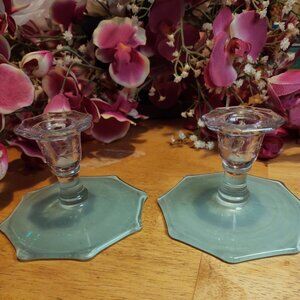 Set of 2 Vintage 1960's  pastel sage octagon base candle holders.